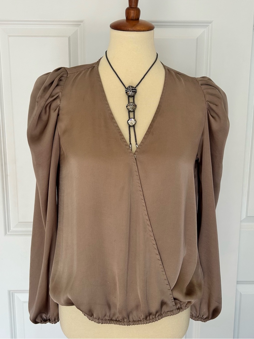 Sam and Jess Taupe Silky Wrap-Front Long Sleeve Blouse with Puff Sleeves